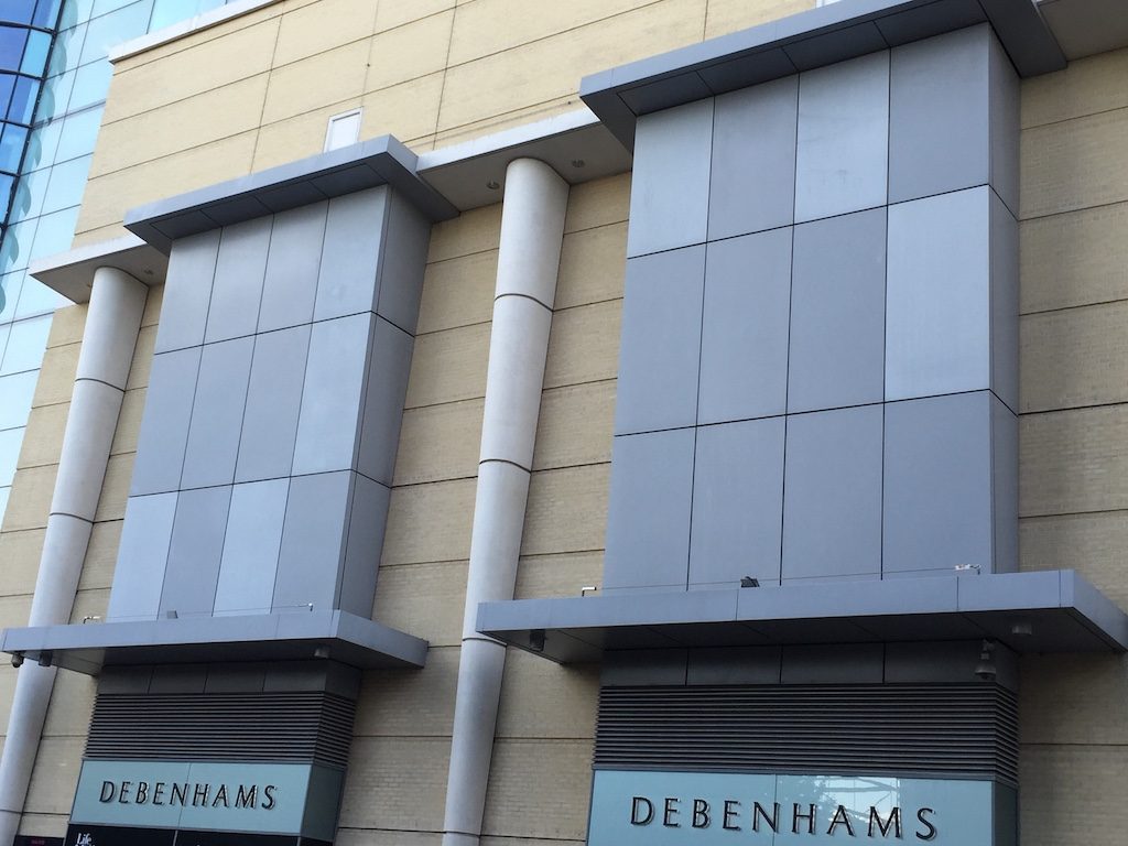 aluminium panel sizes shown in a Debenhams department store